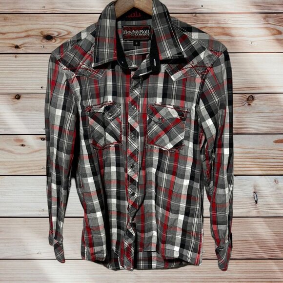 Rock & Roll Cowboy Multicolor Plaid Shirt Size Small - Picture 2 of 6